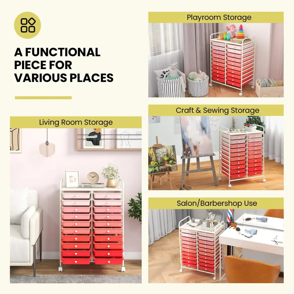 20 Drawers Rolling Storage Cart Studio Organizer-Gradient Pink - Gradient Pink - File Cabinets