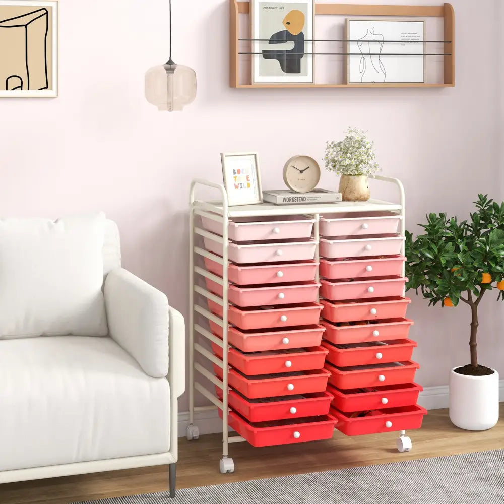 20 Drawers Rolling Storage Cart Studio Organizer-Gradient Pink - Gradient Pink - File Cabinets