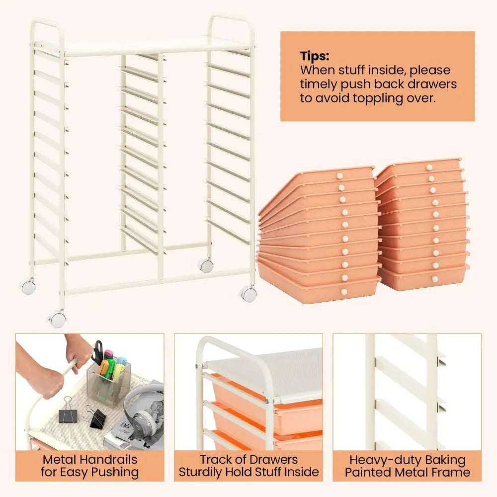 20 Drawers Rolling Storage Cart Studio Organizer-Peach Costway