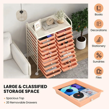 20 Drawers Rolling Storage Cart Studio Organizer-Peach Costway