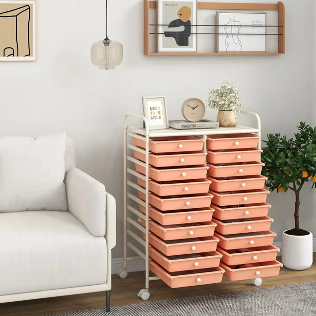 20 Drawers Rolling Storage Cart Studio Organizer-Peach Costway