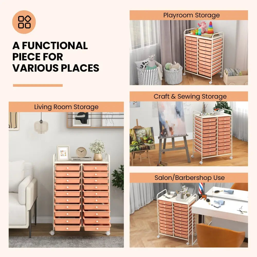 20 Drawers Rolling Storage Cart Studio Organizer-Peach Costway