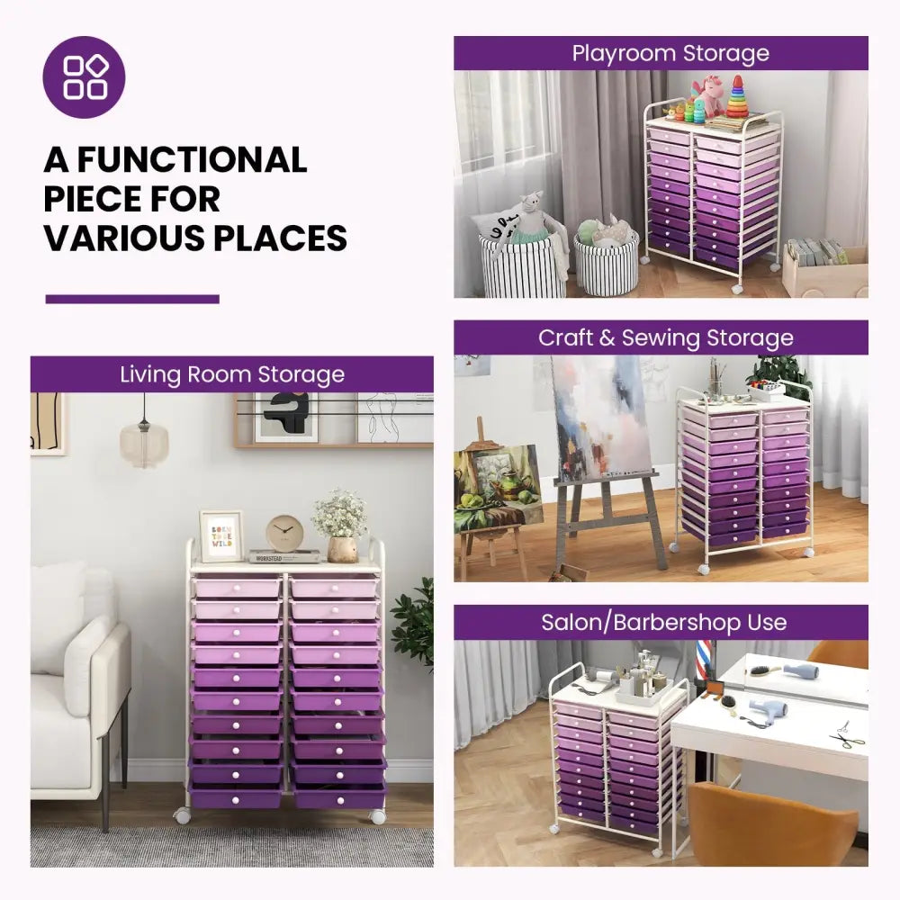 20 Drawers Rolling Storage Cart Studio Organizer-Purple Costway