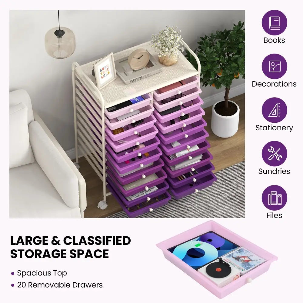 20 Drawers Rolling Storage Cart Studio Organizer-Purple Costway