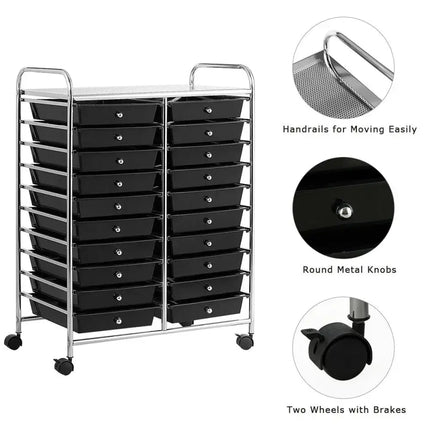20 Drawers Storage Rolling Cart Studio Organizer-Black Costway
