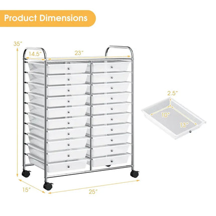 20 Drawers Storage Rolling Cart Studio Organizer-Clear Costway