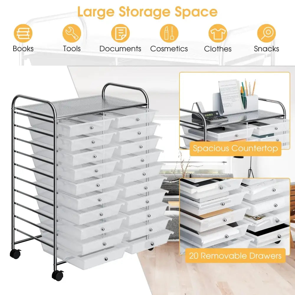 20 Drawers Storage Rolling Cart Studio Organizer-Clear Costway