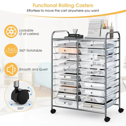 20 Drawers Storage Rolling Cart Studio Organizer-Clear Costway