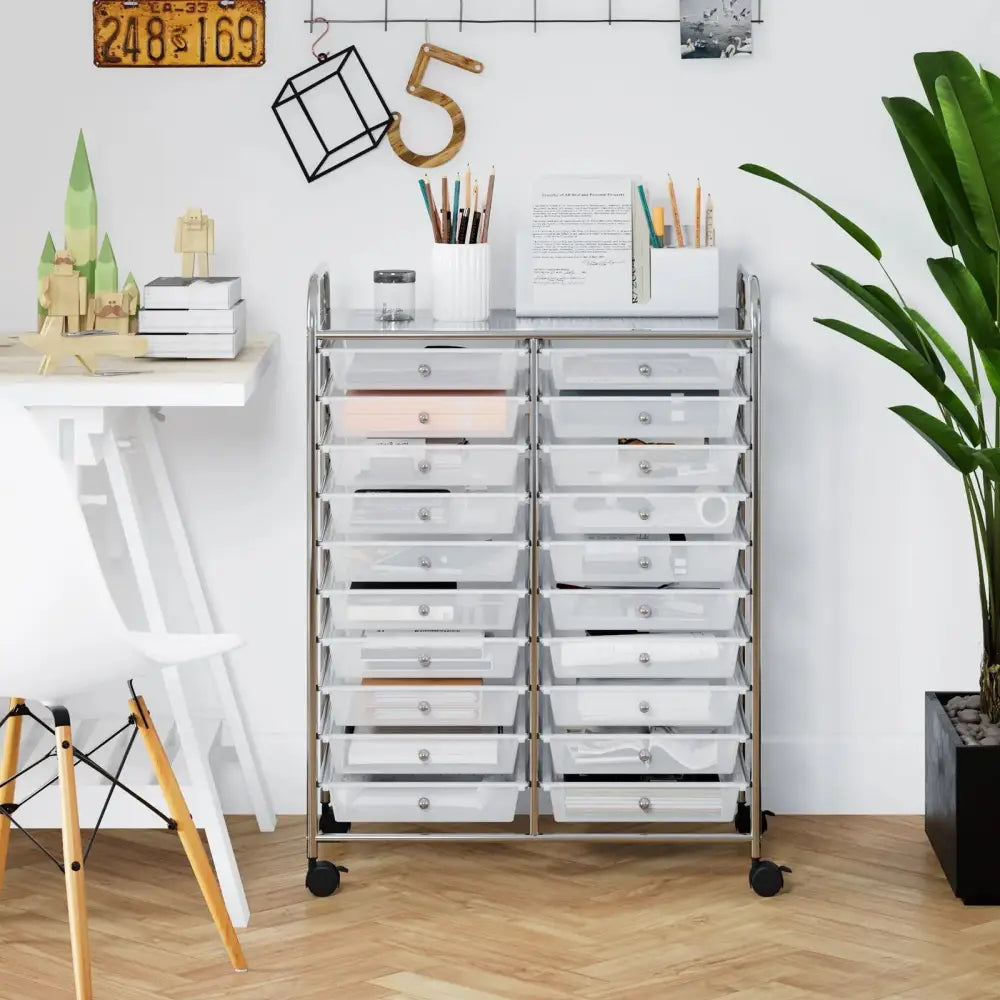 20 Drawers Storage Rolling Cart Studio Organizer-Clear Costway