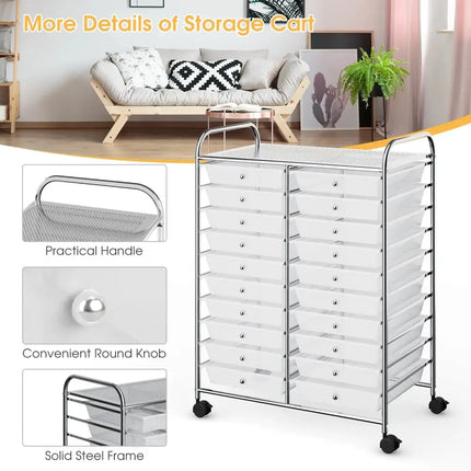 20 Drawers Storage Rolling Cart Studio Organizer-Clear Costway