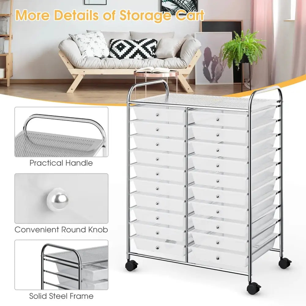 20 Drawers Storage Rolling Cart Studio Organizer-Clear Costway