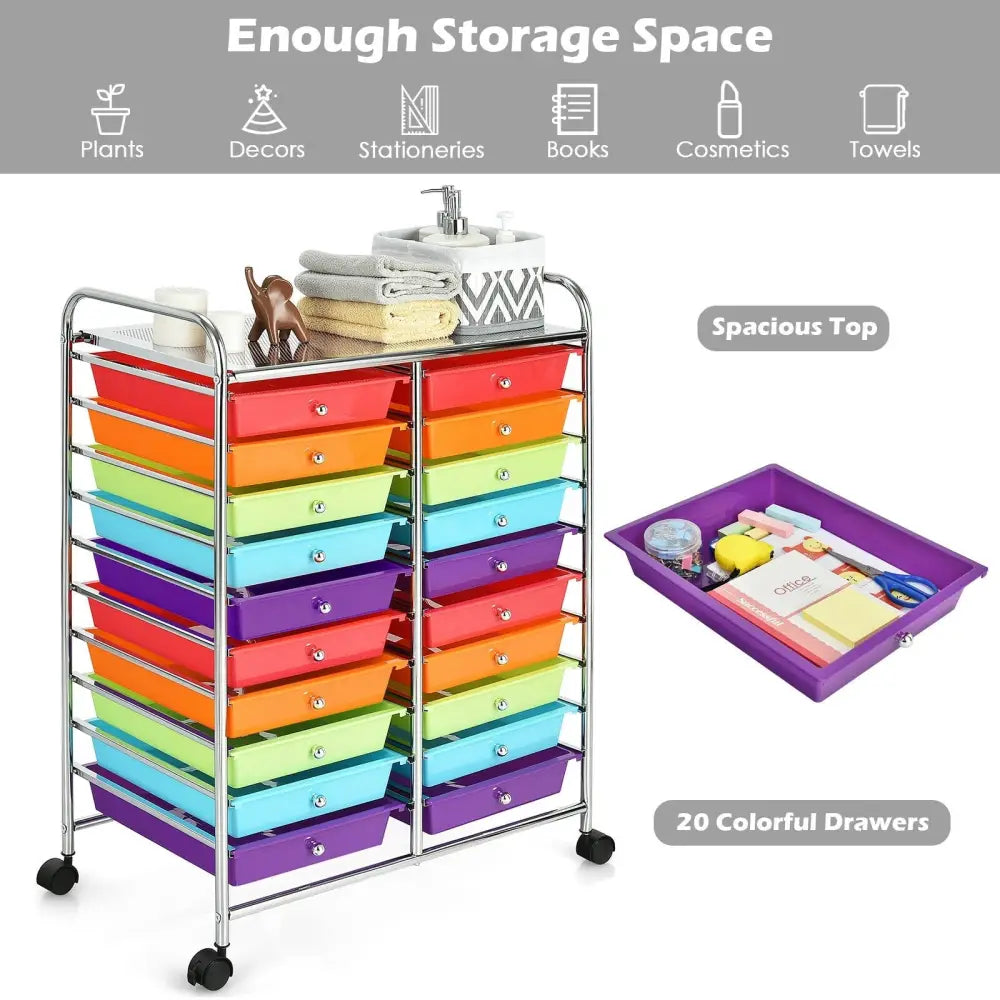 20 Drawers Storage Rolling Cart Studio Organizer-Multicolor - Multicolor - File Cabinets