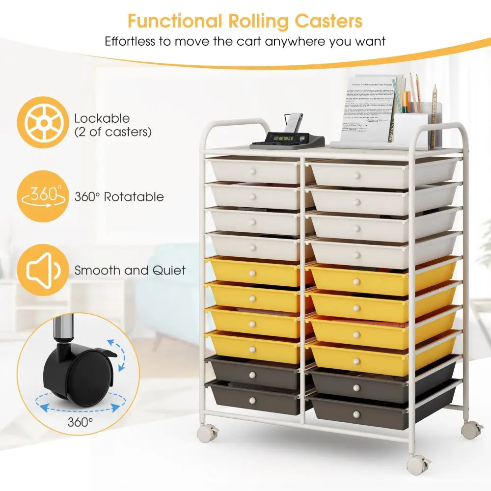 20 Drawers Storage Rolling Cart Studio Organizer-Yellow Costway