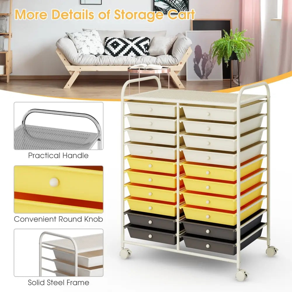 20 Drawers Storage Rolling Cart Studio Organizer-Yellow Costway