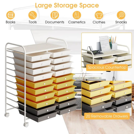 20 Drawers Storage Rolling Cart Studio Organizer-Yellow Costway