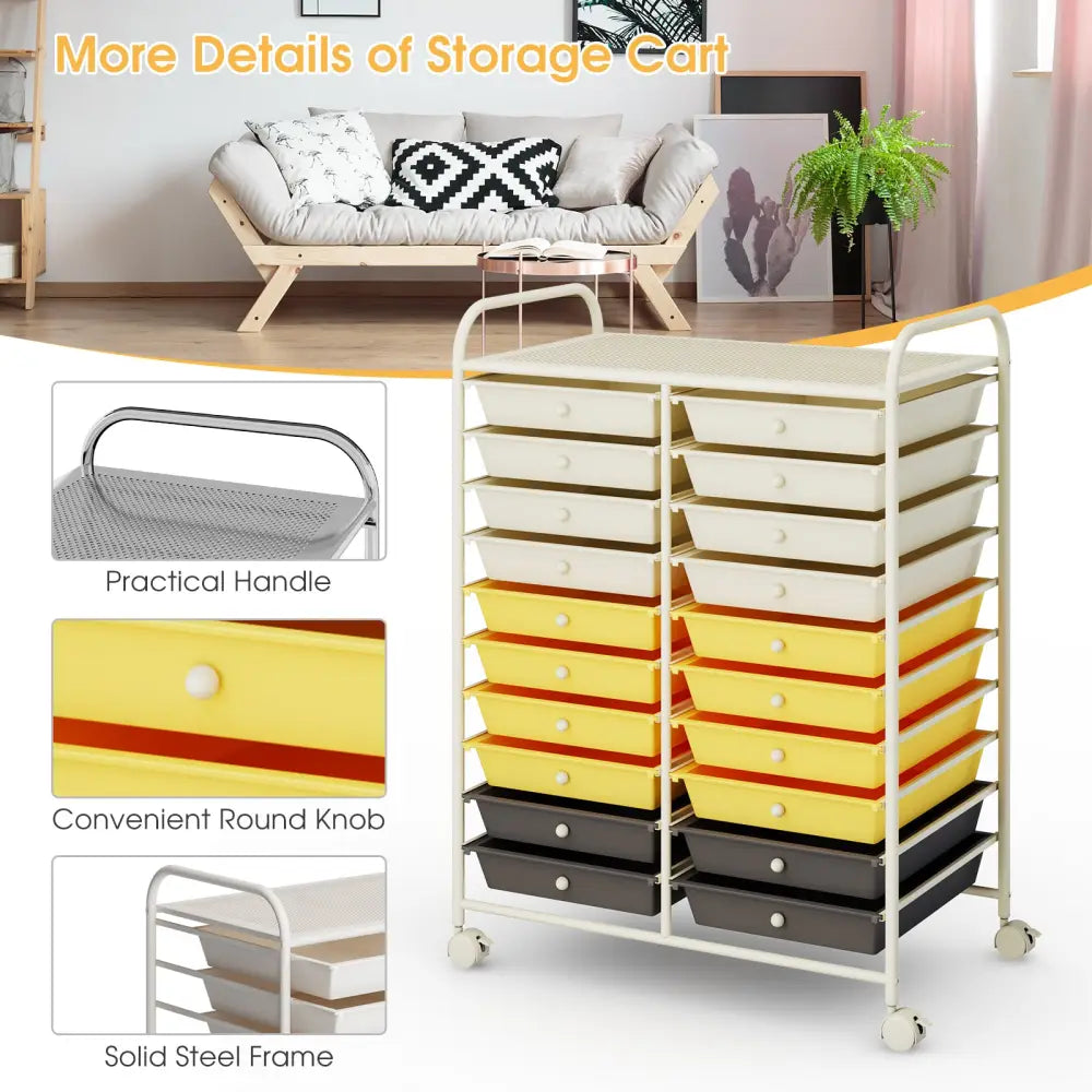 20 Drawers Storage Rolling Cart Studio Organizer-Yellow - Yellow - File Cabinets