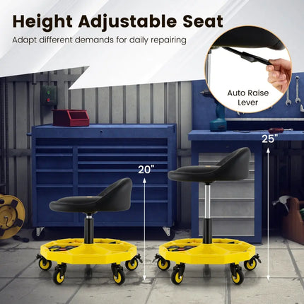20 Inch-25 Inch Height Adjustable Rolling Garage Stool with Tool Tray Storage-Yellow - Yellow - Garages