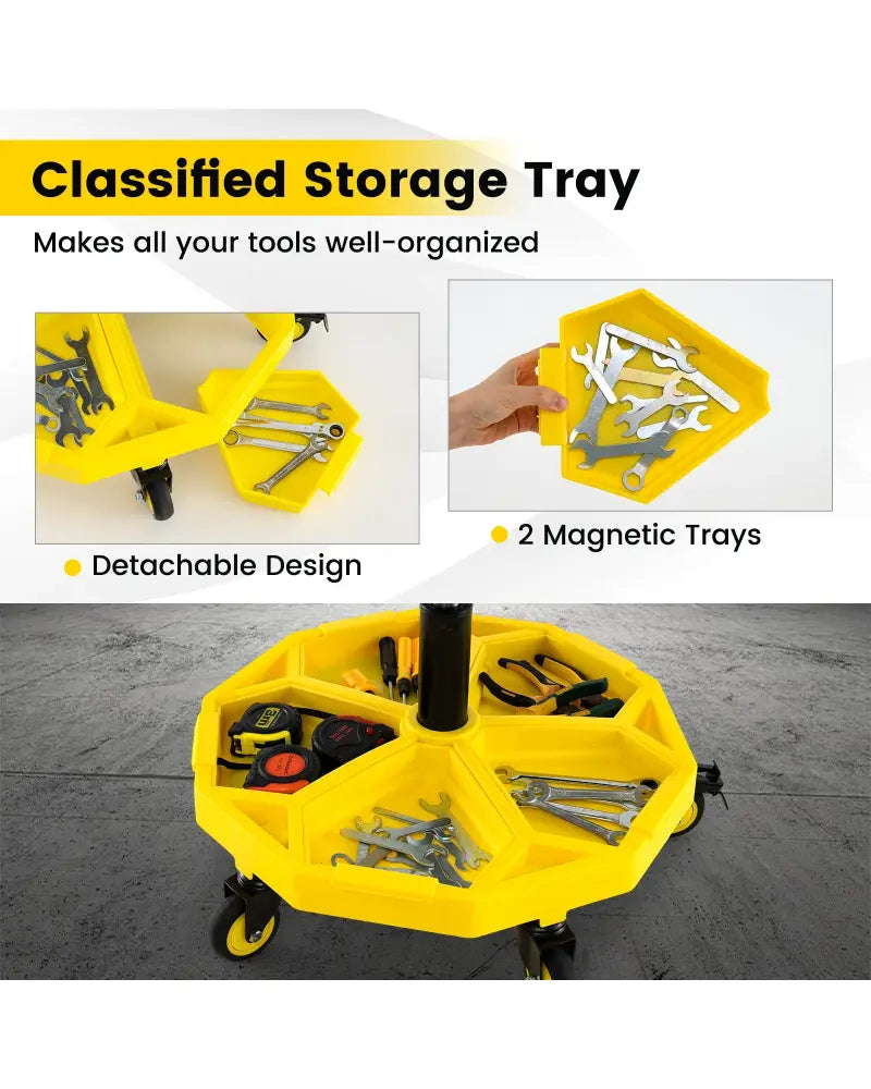 20 Inch-25 Inch Height Adjustable Rolling Garage Stool with Tool Tray Storage-Yellow - Yellow - Garages