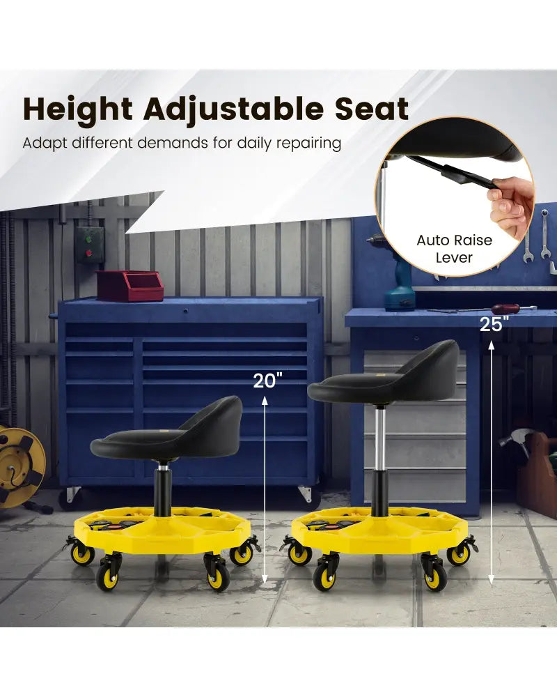 20 Inch-25 Inch Height Adjustable Rolling Garage Stool with Tool Tray Storage-Yellow - Yellow - Garages