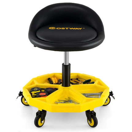 20 Inch-25 Inch Height Adjustable Rolling Garage Stool with Tool Tray Storage-Yellow - Yellow - Garages