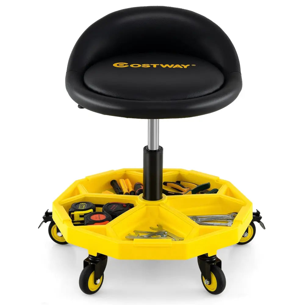20 Inch-25 Inch Height Adjustable Rolling Garage Stool with Tool Tray Storage-Yellow - Yellow - Garages