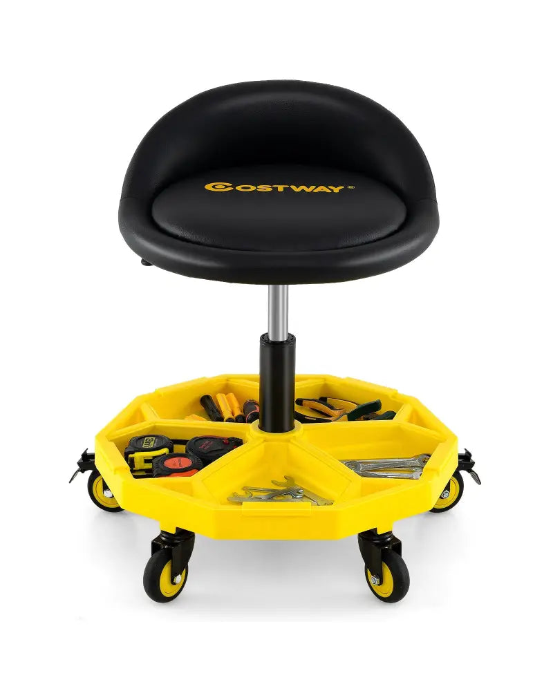 20 Inch-25 Inch Height Adjustable Rolling Garage Stool with Tool Tray Storage-Yellow - Yellow - Garages