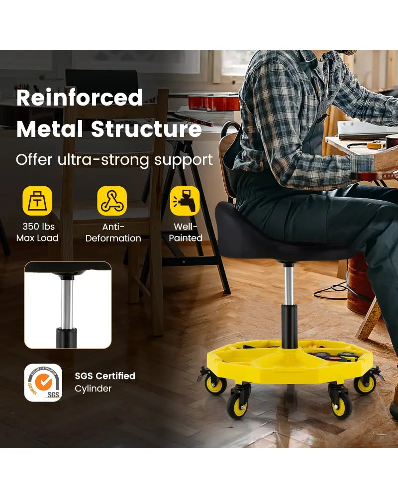 20 Inch-25 Inch Height Adjustable Rolling Garage Stool with Tool Tray Storage-Yellow - Yellow - Garages