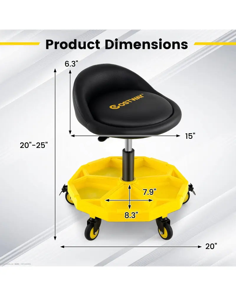 20 Inch-25 Inch Height Adjustable Rolling Garage Stool with Tool Tray Storage-Yellow - Yellow - Garages