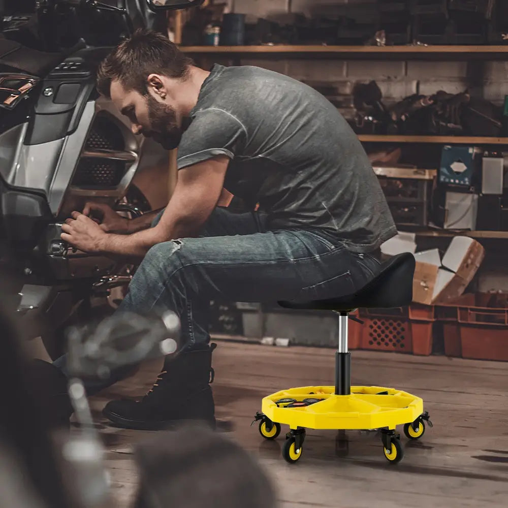 20 Inch-25 Inch Height Adjustable Rolling Garage Stool with Tool Tray Storage-Yellow - Yellow - Garages
