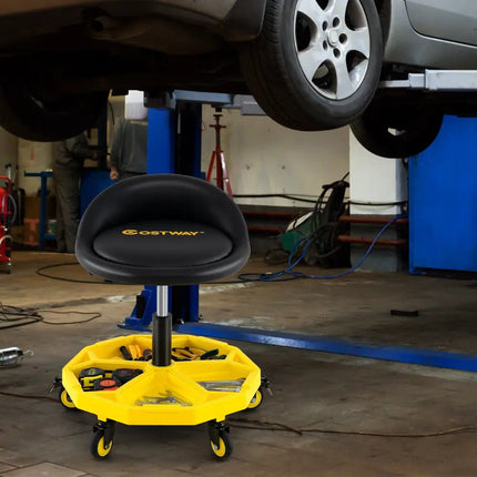 20 Inch-25 Inch Height Adjustable Rolling Garage Stool with Tool Tray Storage-Yellow - Yellow - Garages