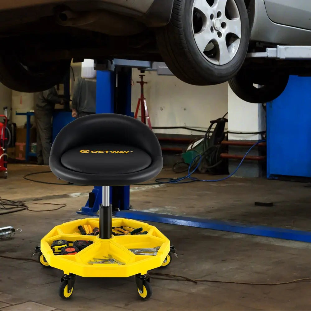 20 Inch-25 Inch Height Adjustable Rolling Garage Stool with Tool Tray Storage-Yellow - Yellow - Garages