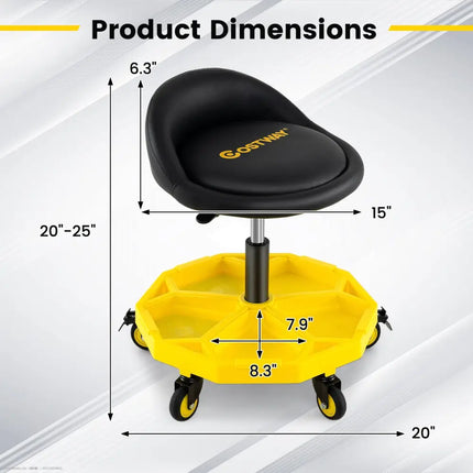 20 Inch-25 Inch Height Adjustable Rolling Garage Stool with Tool Tray Storage-Yellow - Yellow - Garages