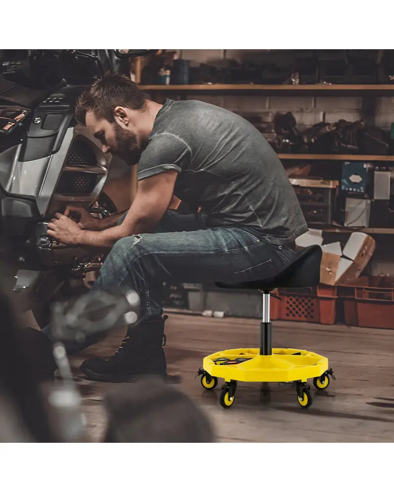 20 Inch-25 Inch Height Adjustable Rolling Garage Stool with Tool Tray Storage-Yellow - Yellow - Garages
