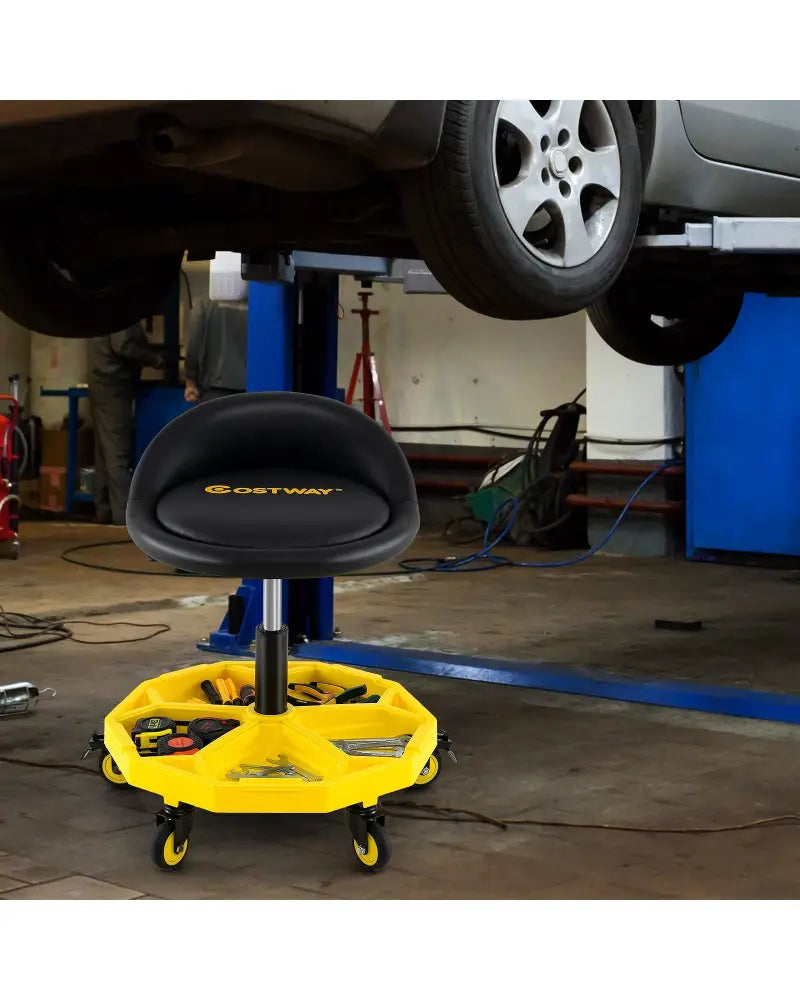 20 Inch-25 Inch Height Adjustable Rolling Garage Stool with Tool Tray Storage-Yellow - Yellow - Garages