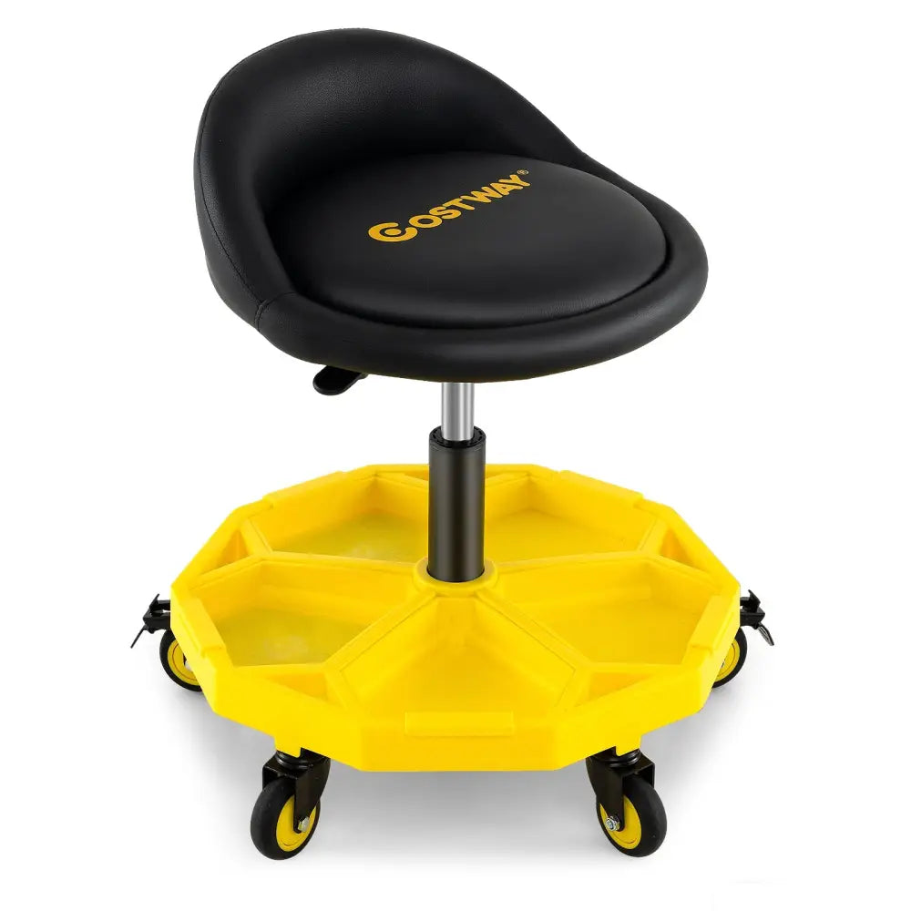 20 Inch-25 Inch Height Adjustable Rolling Garage Stool with Tool Tray Storage-Yellow - Yellow - Garages