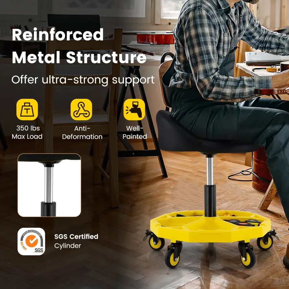 20 Inch-25 Inch Height Adjustable Rolling Garage Stool with Tool Tray Storage-Yellow - Yellow - Garages