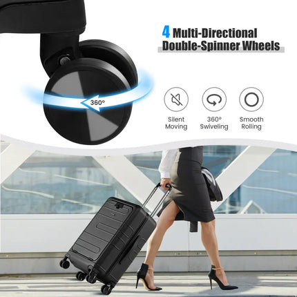 20 Inch Carry-on Luggage PC Hardside Suitcase TSA Lock with Front Pocket and USB Port-Black - Black - Camping