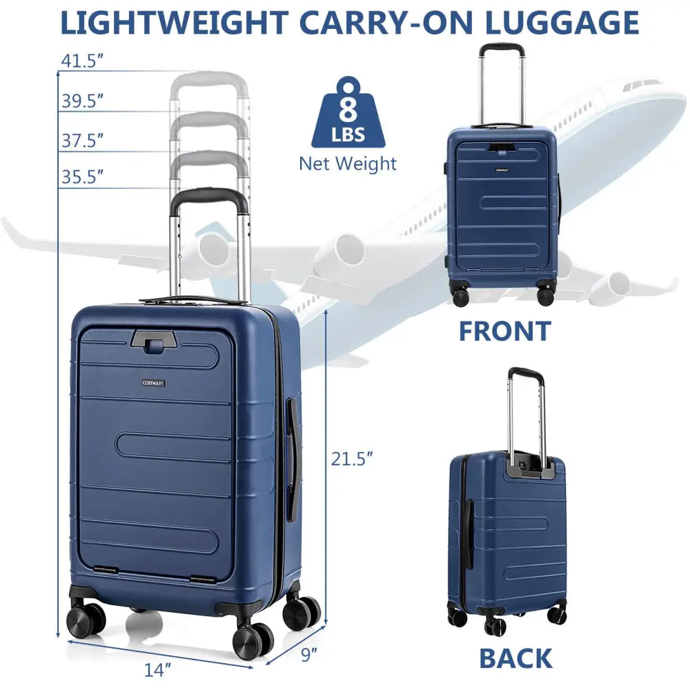 20 Inch Carry-on Luggage PC Hardside Suitcase TSA Lock with Front Pocket and USB Port-Navy - Navy - Camping