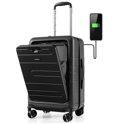 20 Inch Carry-on Luggage PC Hardside Suitcase TSA Lock with Front Pocket and USB Port-Black - Black - Camping