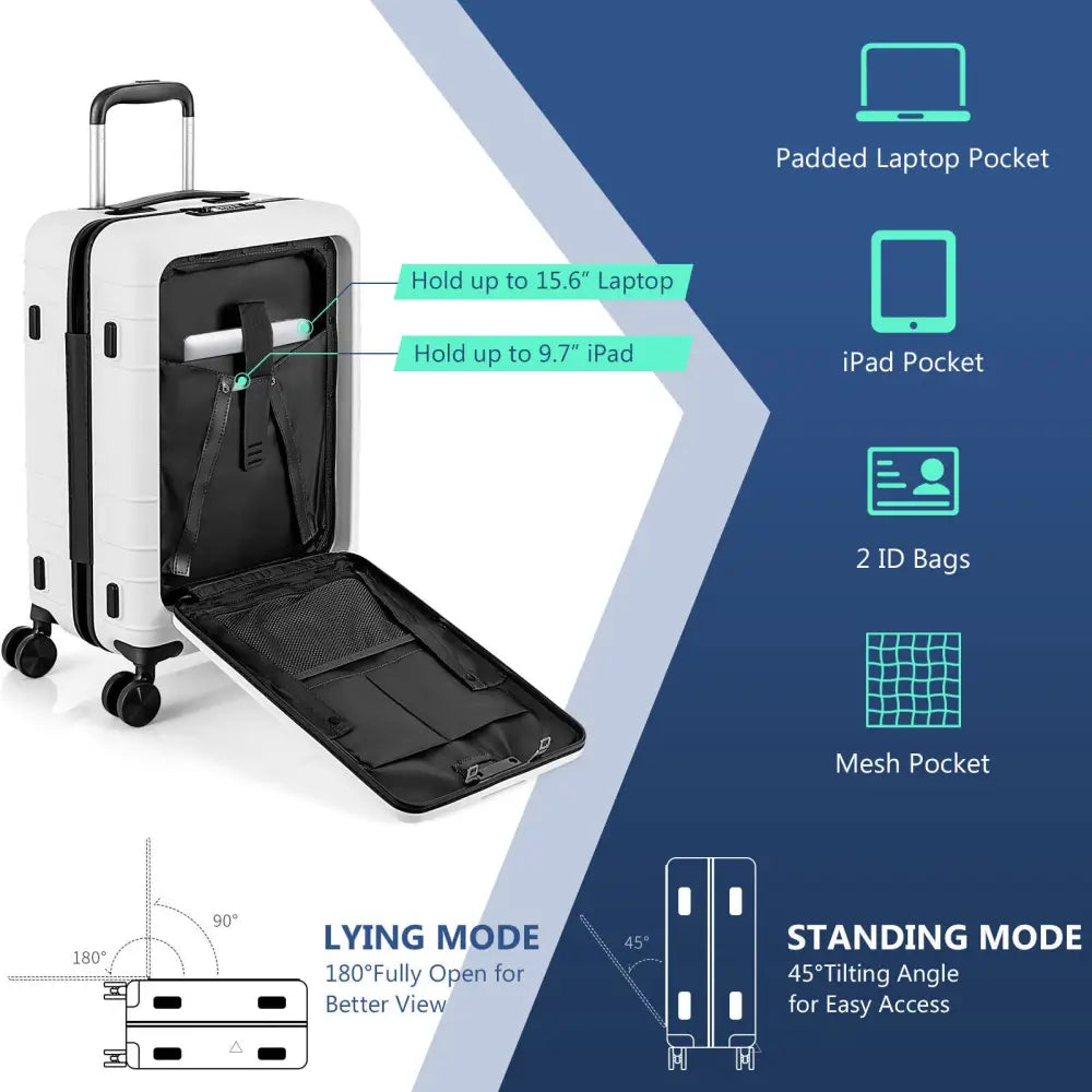 20 Inch Carry-on Luggage PC Hardside Suitcase TSA Lock with Front Pocket and USB Port-White - White - Camping