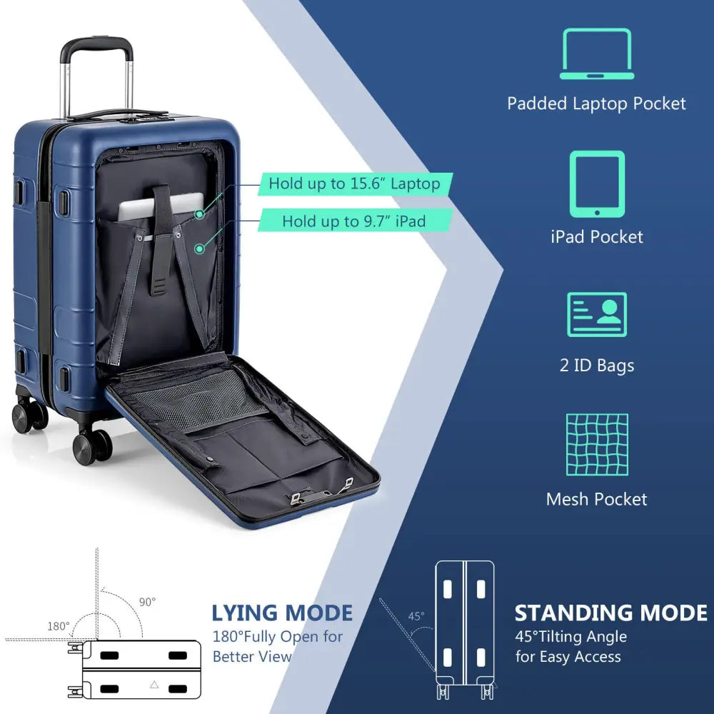 20 Inch Carry-on Luggage PC Hardside Suitcase TSA Lock with Front Pocket and USB Port-Navy - Navy - Camping