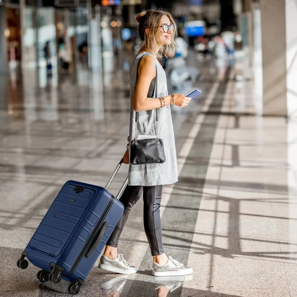 20 Inch Carry-on Luggage PC Hardside Suitcase TSA Lock with Front Pocket and USB Port-Navy - Navy - Camping