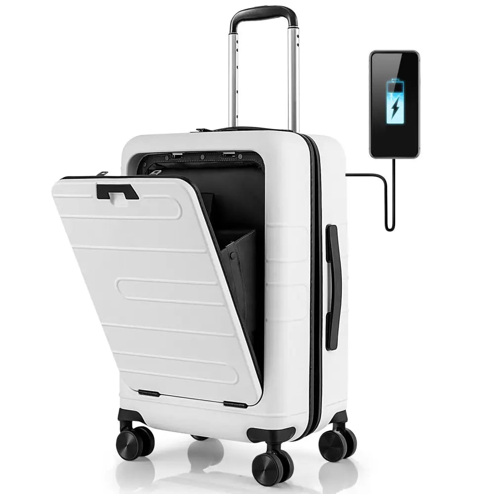20 Inch Carry-on Luggage PC Hardside Suitcase TSA Lock with Front Pocket and USB Port-White - White - Camping