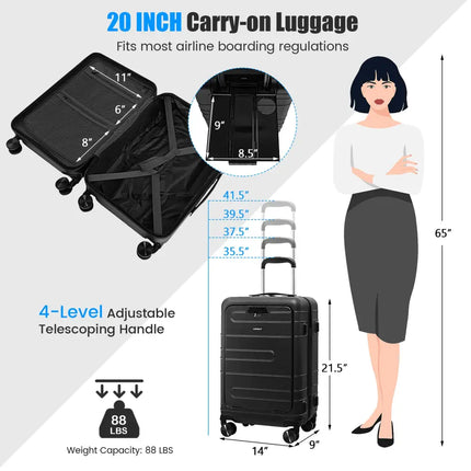 20 Inch Carry-on Luggage PC Hardside Suitcase TSA Lock with Front Pocket and USB Port-Black - Black - Camping