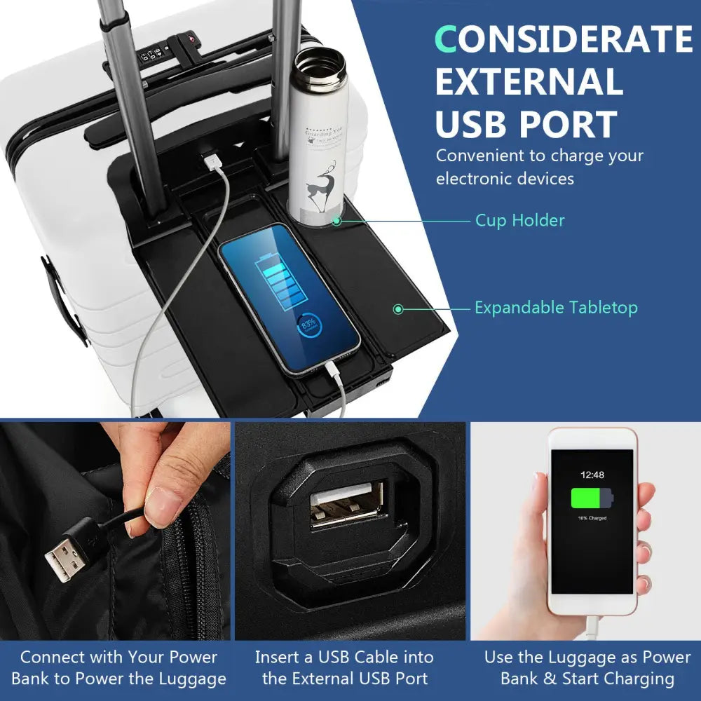 20 Inch Carry-on Luggage PC Hardside Suitcase TSA Lock with Front Pocket and USB Port-White - White - Camping