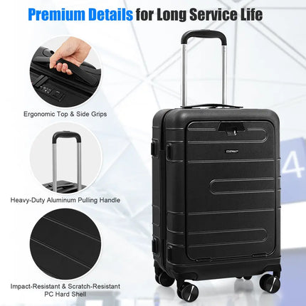 20 Inch Carry-on Luggage PC Hardside Suitcase TSA Lock with Front Pocket and USB Port-Black - Black - Camping