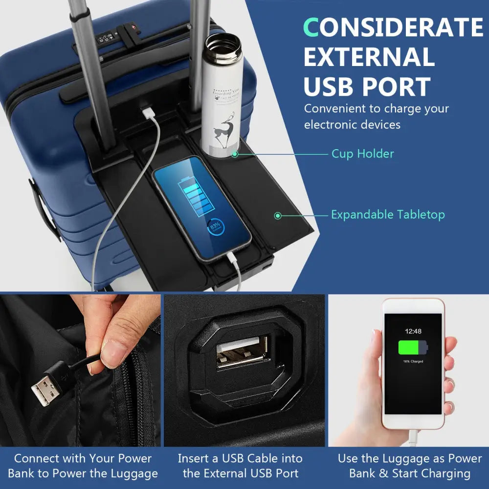 20 Inch Carry-on Luggage PC Hardside Suitcase TSA Lock with Front Pocket and USB Port-Navy - Navy - Camping
