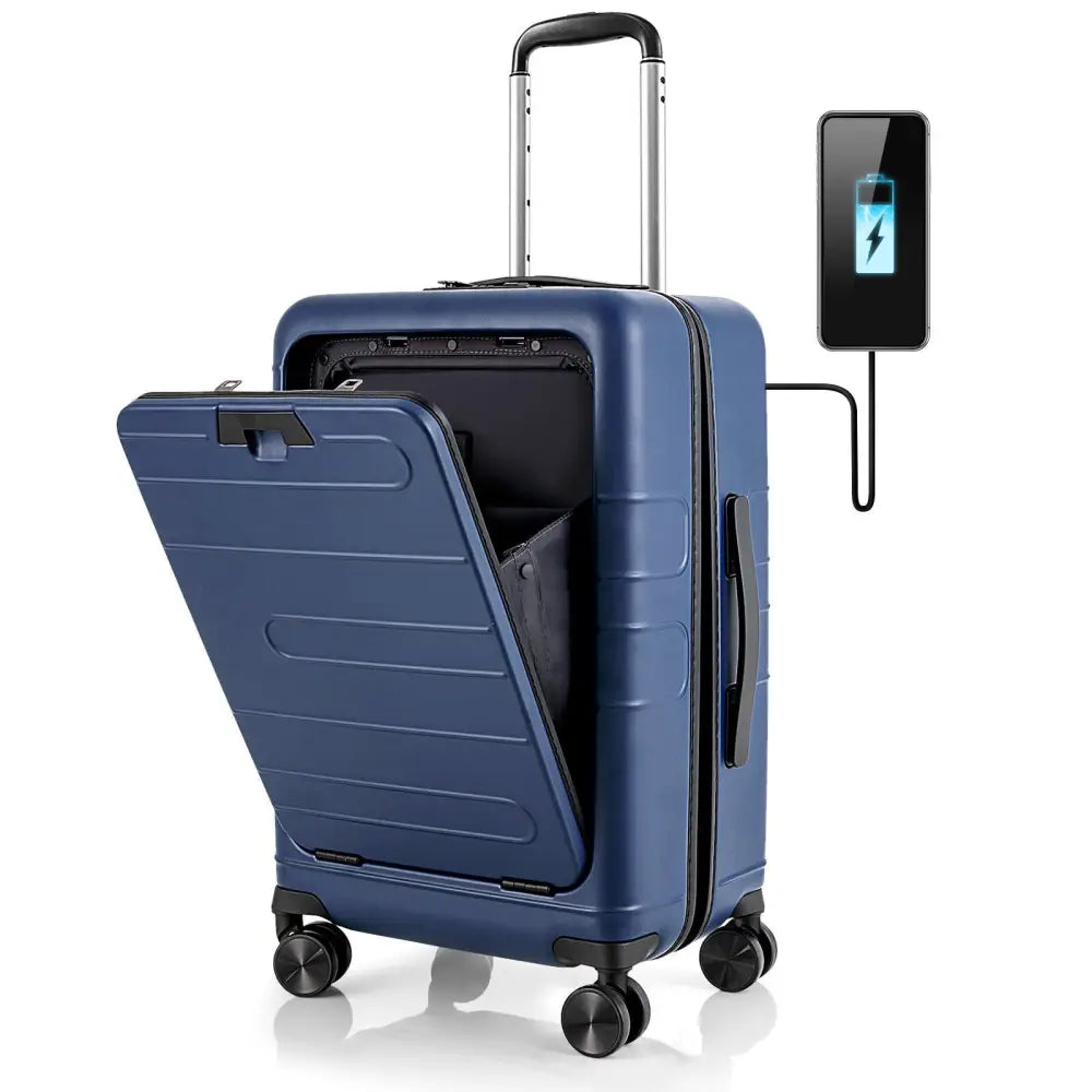 20 Inch Carry-on Luggage PC Hardside Suitcase TSA Lock with Front Pocket and USB Port-Navy - Navy - Camping