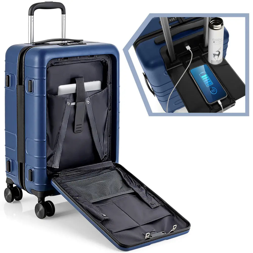 20 Inch Carry-on Luggage PC Hardside Suitcase TSA Lock with Front Pocket and USB Port-Navy - Navy - Camping