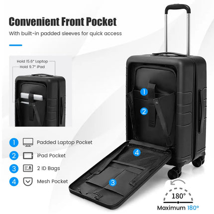 20 Inch Carry-on Luggage PC Hardside Suitcase TSA Lock with Front Pocket and USB Port-Black - Black - Camping
